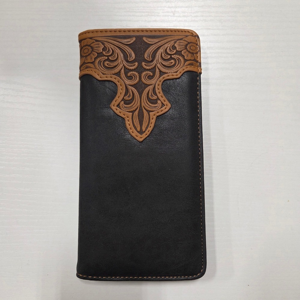 Montana West Mens Western Tooled Floral Long Bifold Wallet Black Tan MW-607BK